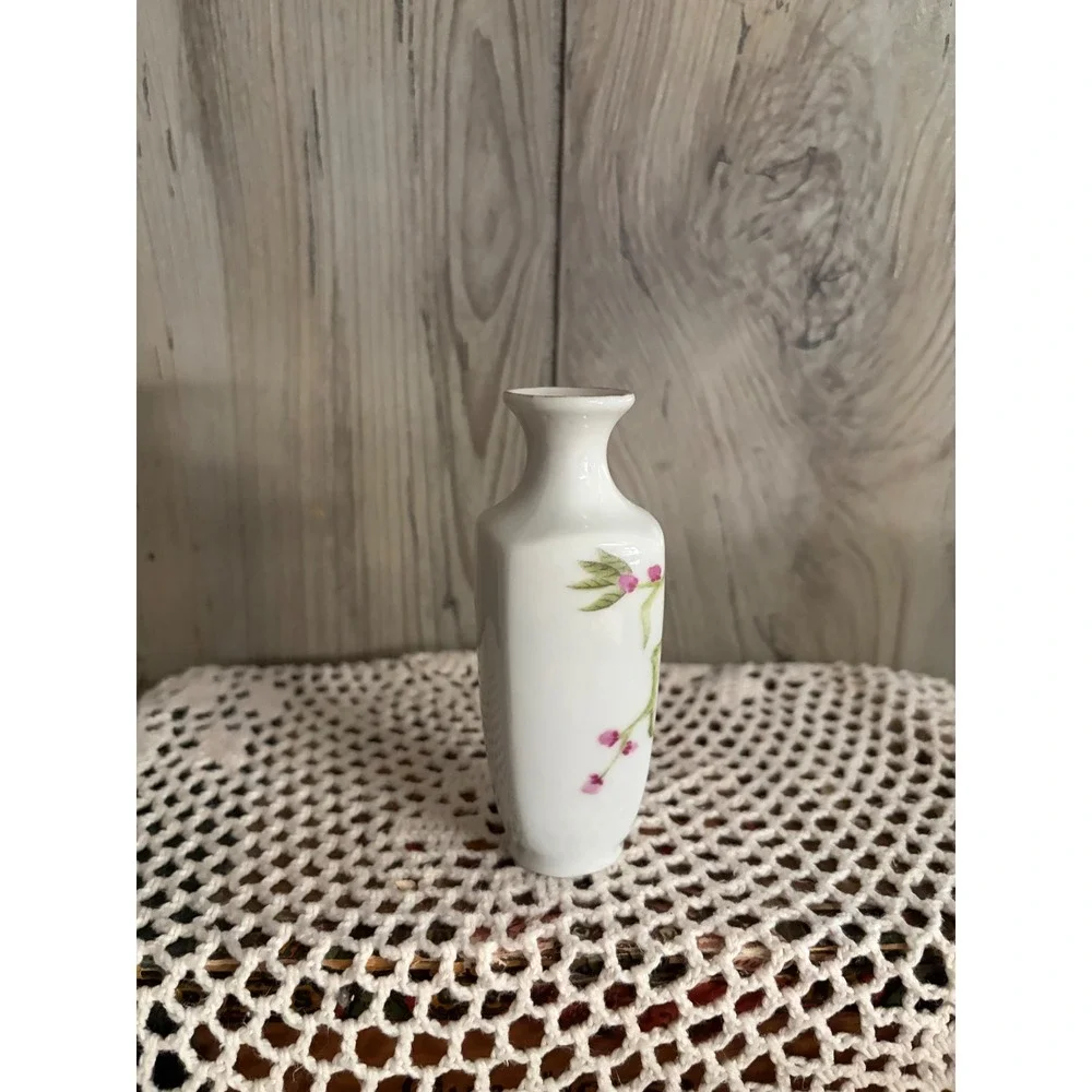 Vintage Miniature Porcelain Bud Vase Pink Cherry Blossom Floral Gold Trim 4.25